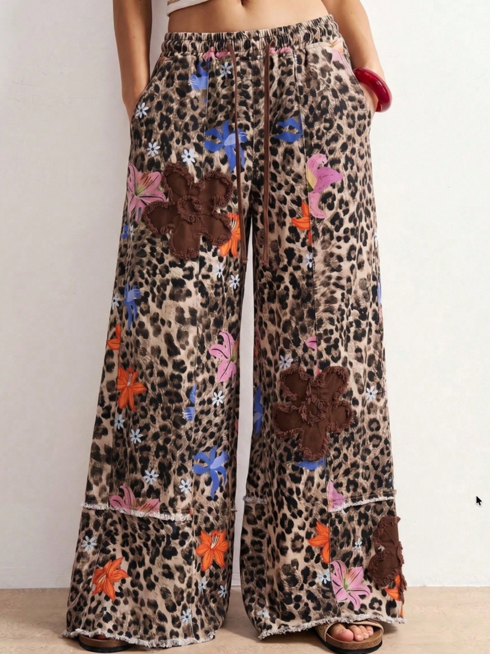  Floral Leopard Print Stretchy Waist Wide leg Cotton Denim Pants